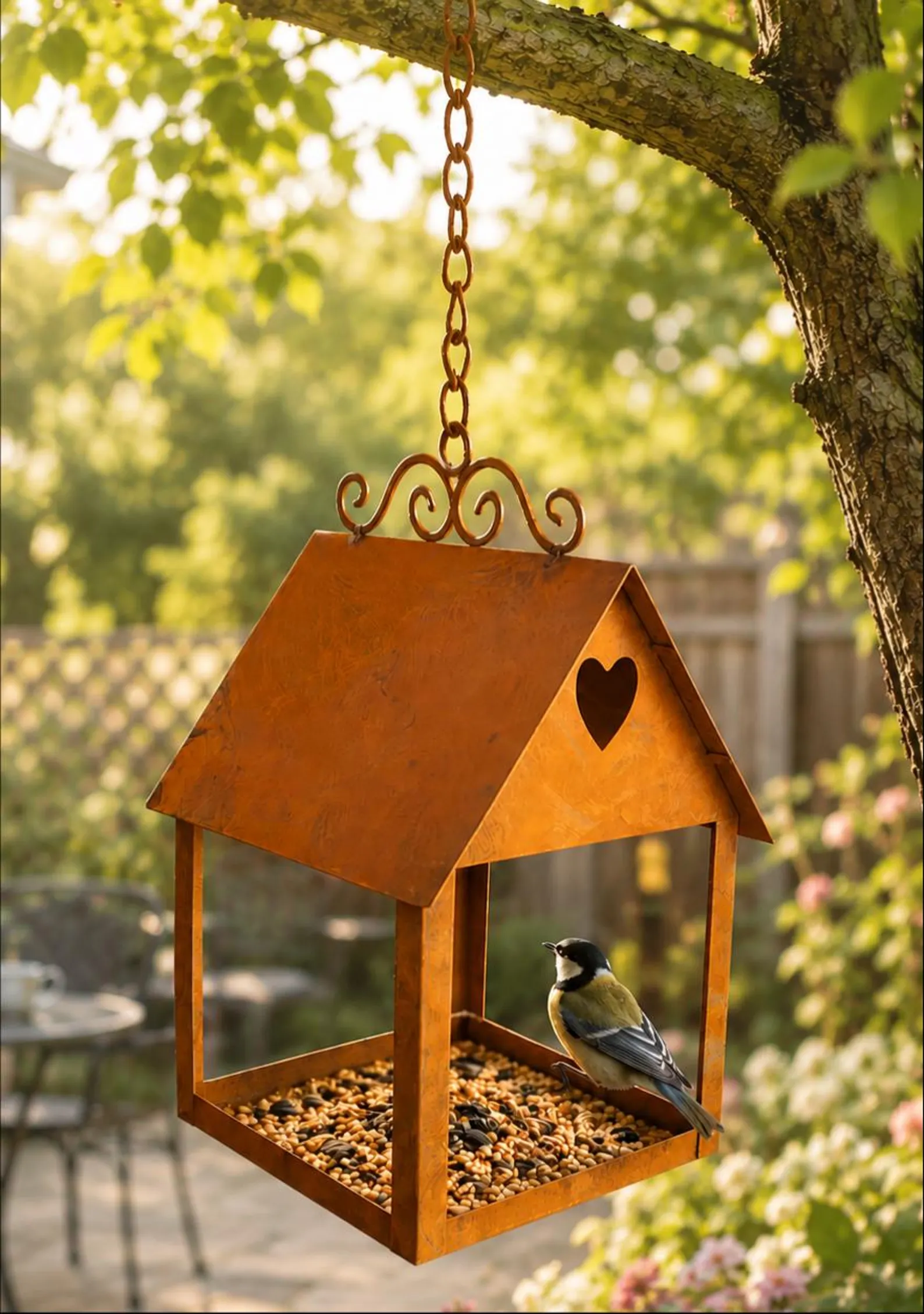 mangeoire de jardin suspendue en métal rouillé, cadeau de décoration.