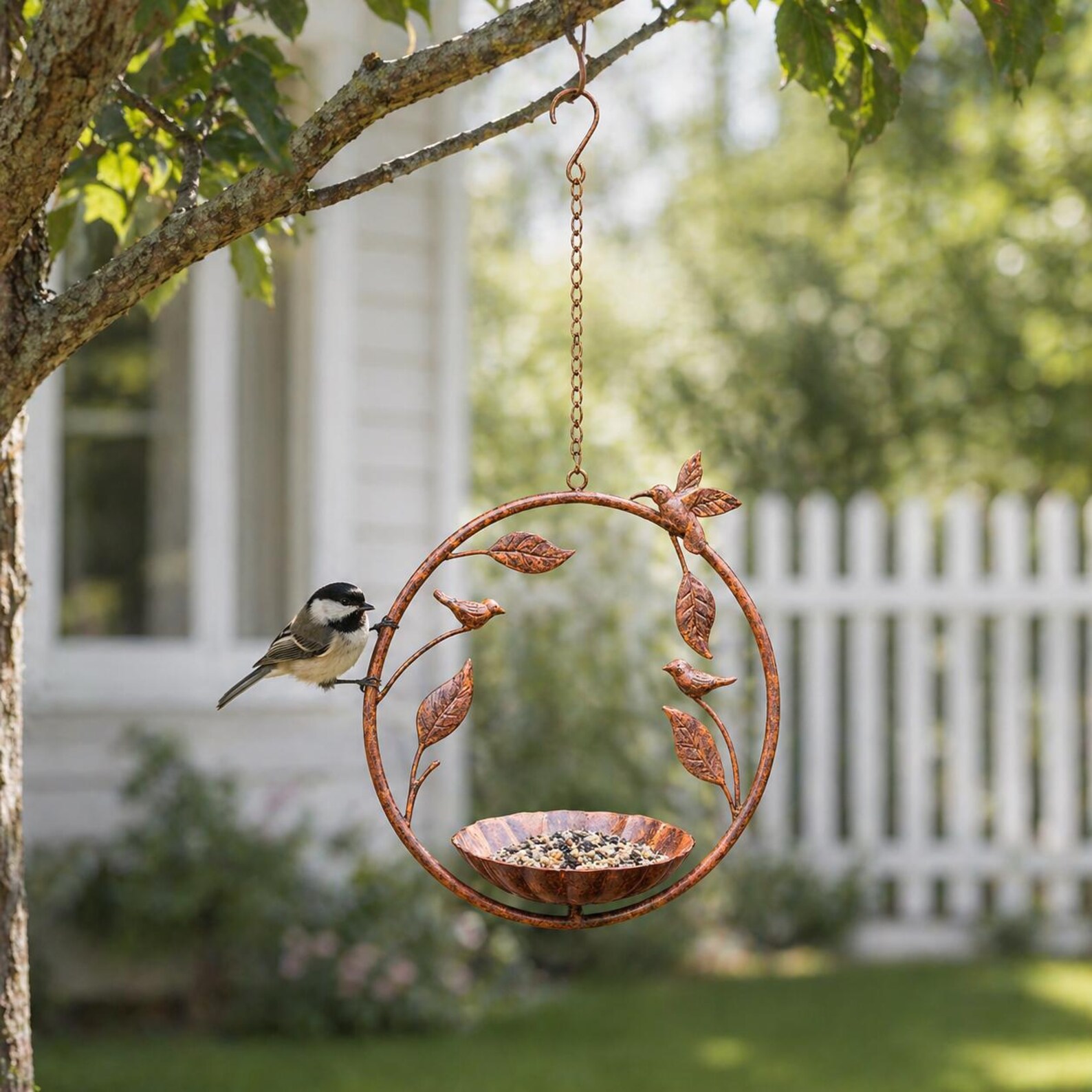 Mangeoire à oiseaux suspendue en métal rustique / Rustic Metal Hanging Bird Feeder, Outdoor Garden Decor. – Image 3