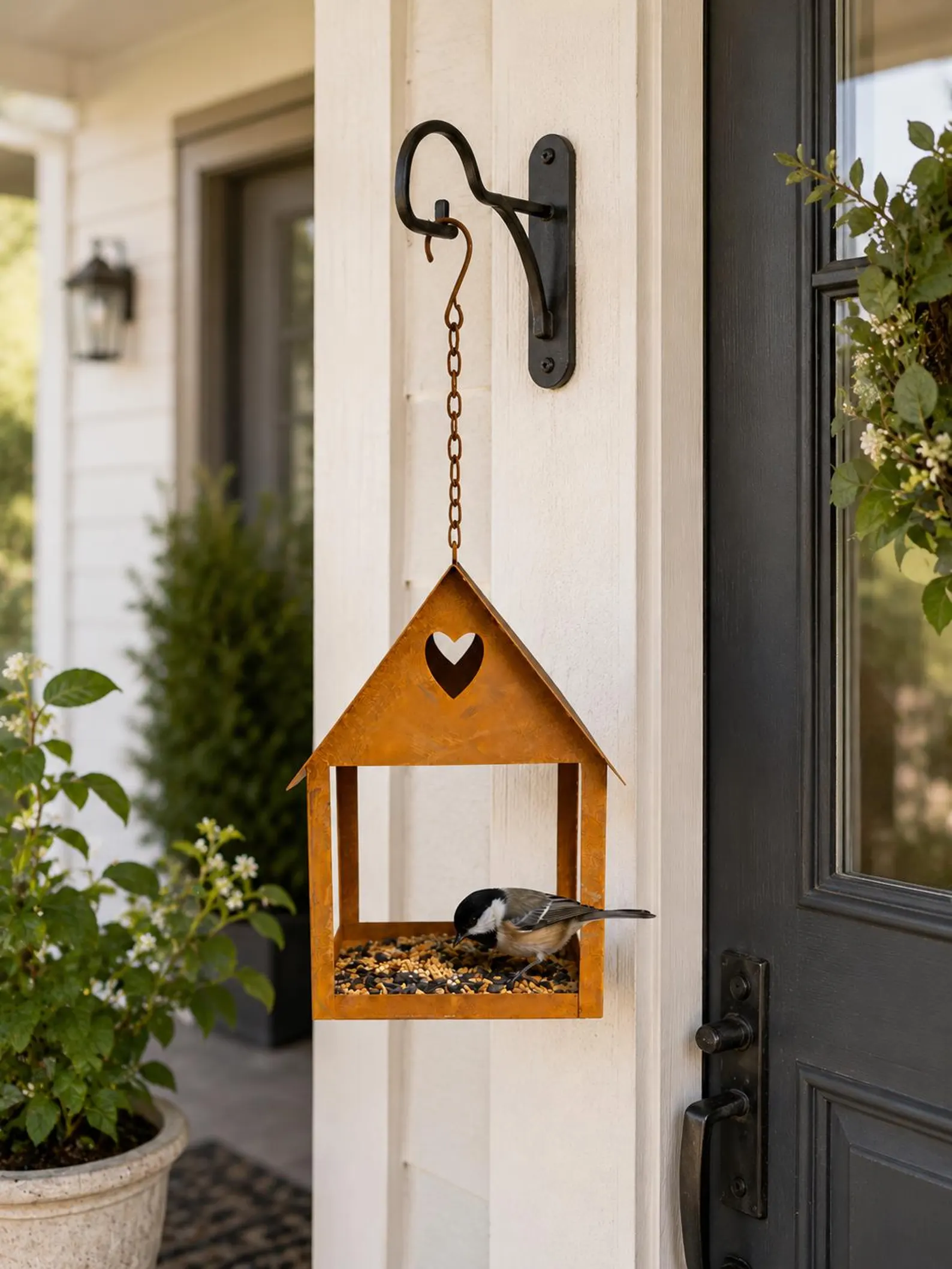 mangeoire de jardin suspendue en métal rouillé, cadeau de décoration. – Image 2