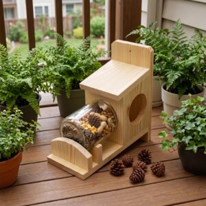 Mangeoire pour écureuils en bois avec bocal en verre.