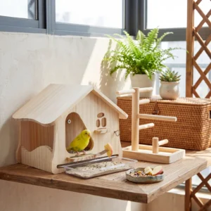 Une petite maison en bois pour petits oiseaux avec plateau coulissant en filet et fourchette à fruits
