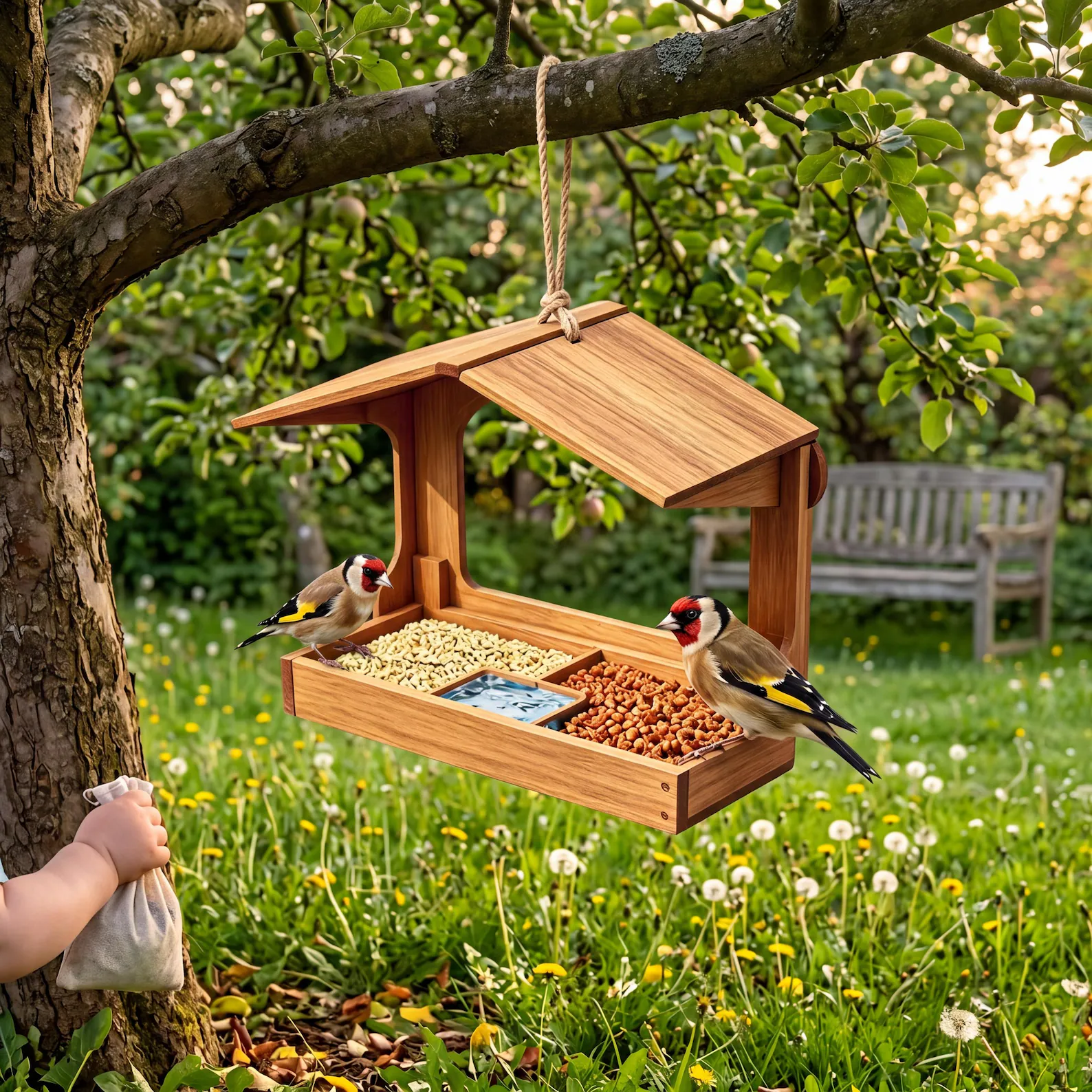 Mangeoire à oiseaux en bois à 3 grilles, nichoir suspendu résistant à la pluie pour décoration de jardin extérieur – Image 3