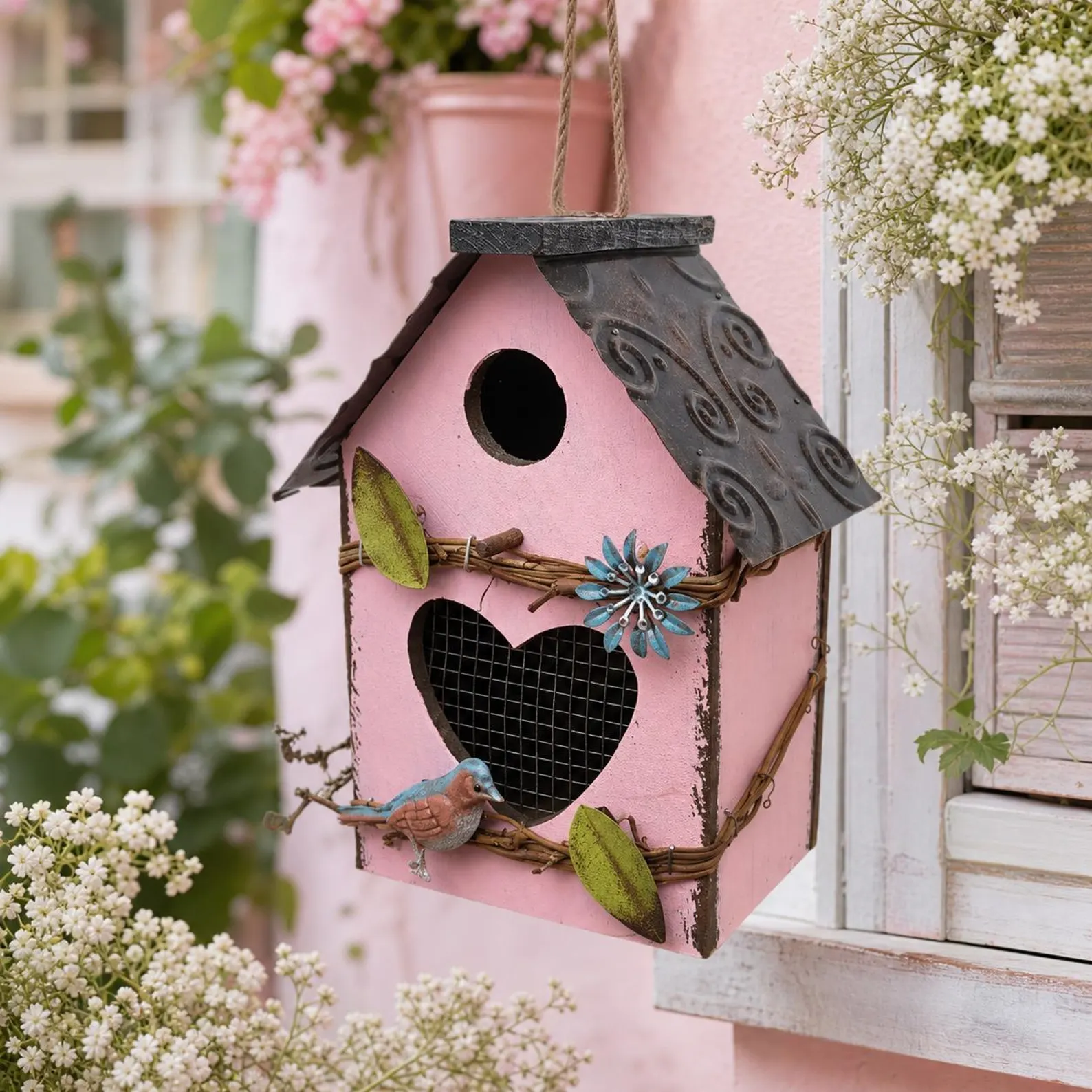 Nid d'oiseau en bois vieilli, décoration murale de jardin en plein air pour nid d'oiseau à suspendre. – Image 4