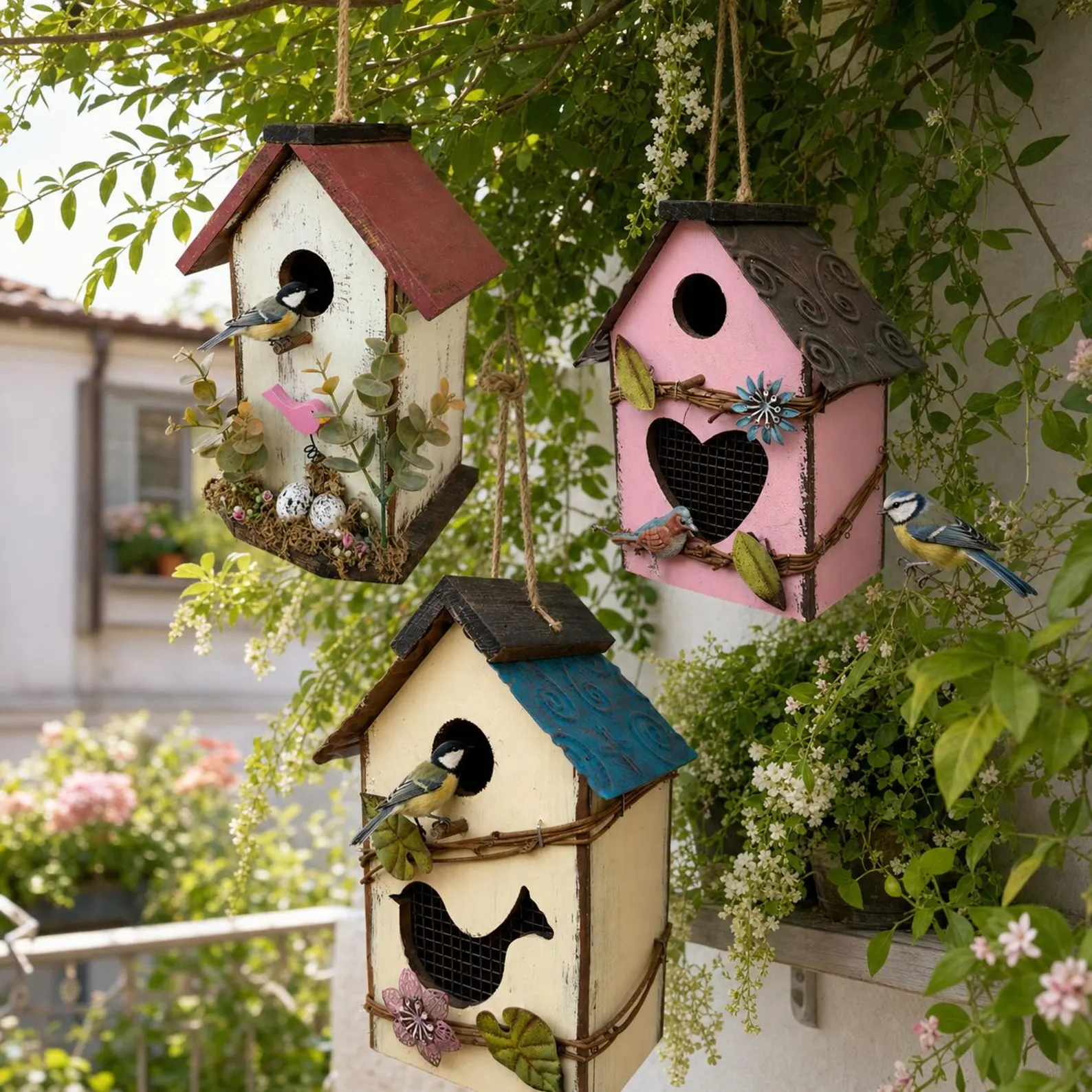 Nid d'oiseau en bois vieilli, décoration murale de jardin en plein air pour nid d'oiseau à suspendre.