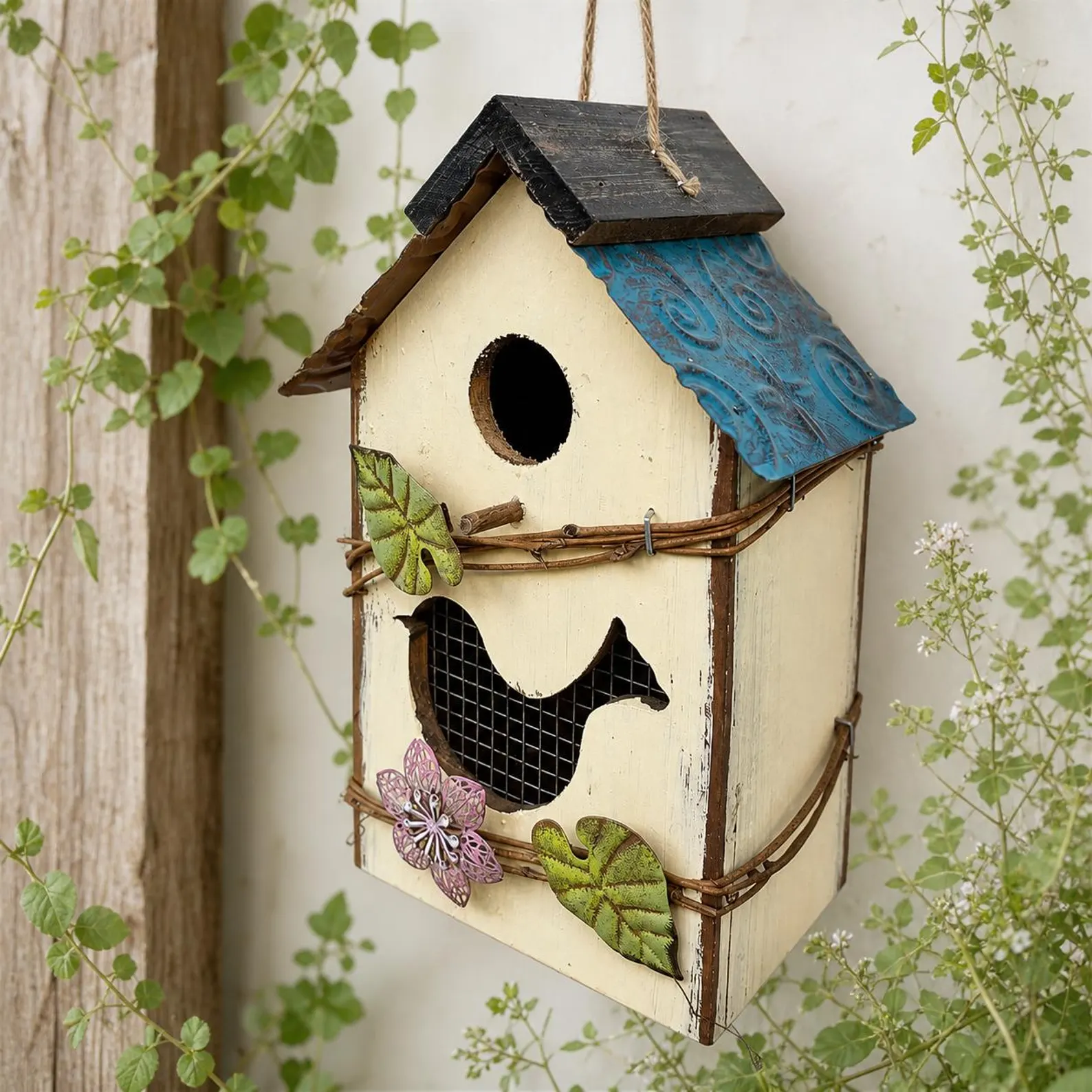 Nid d'oiseau en bois vieilli, décoration murale de jardin en plein air pour nid d'oiseau à suspendre. – Image 2