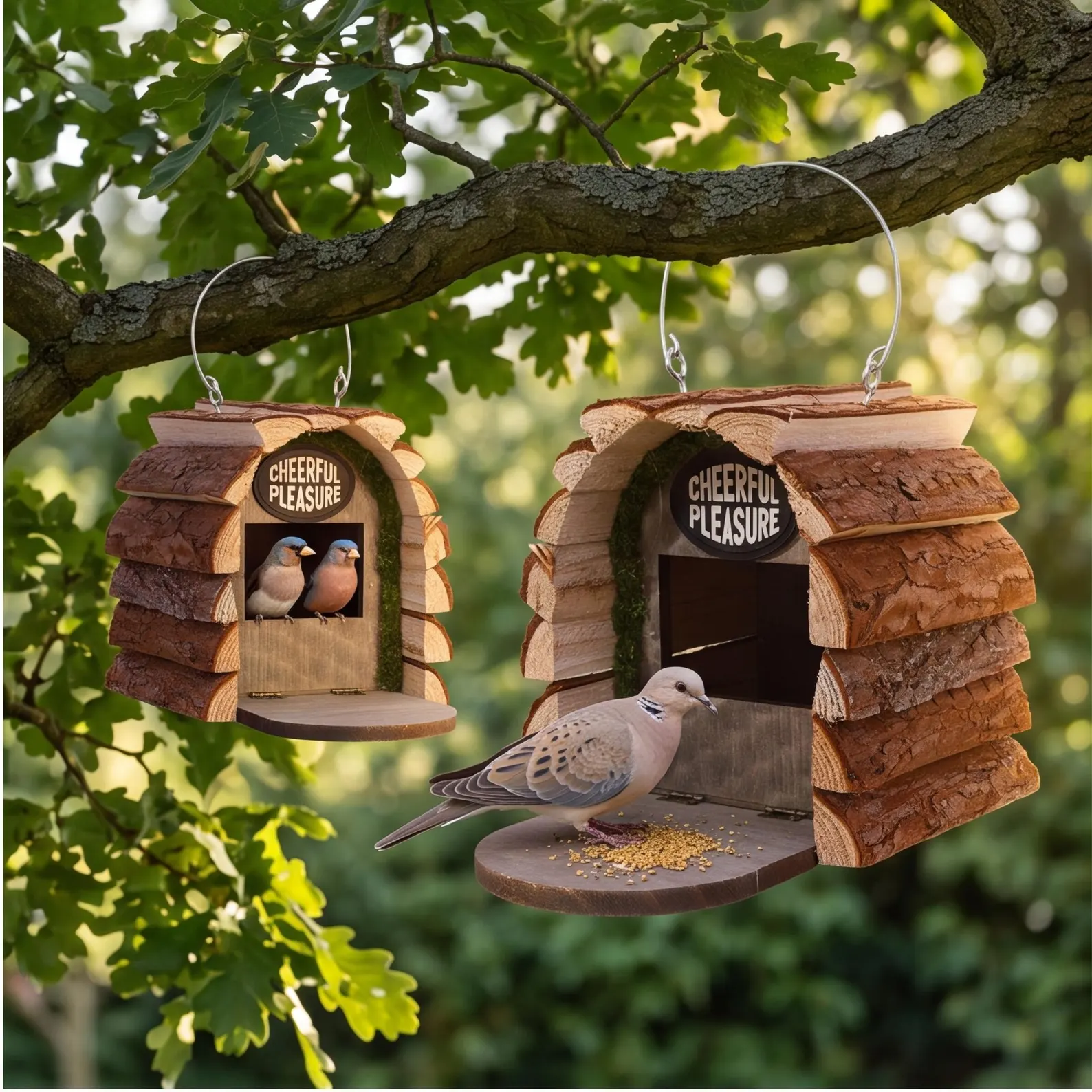 Nichoir en bois massif avec écorce naturelle, mangeoire de jardin à double usage, nichoir rustique pour cabane de jardin