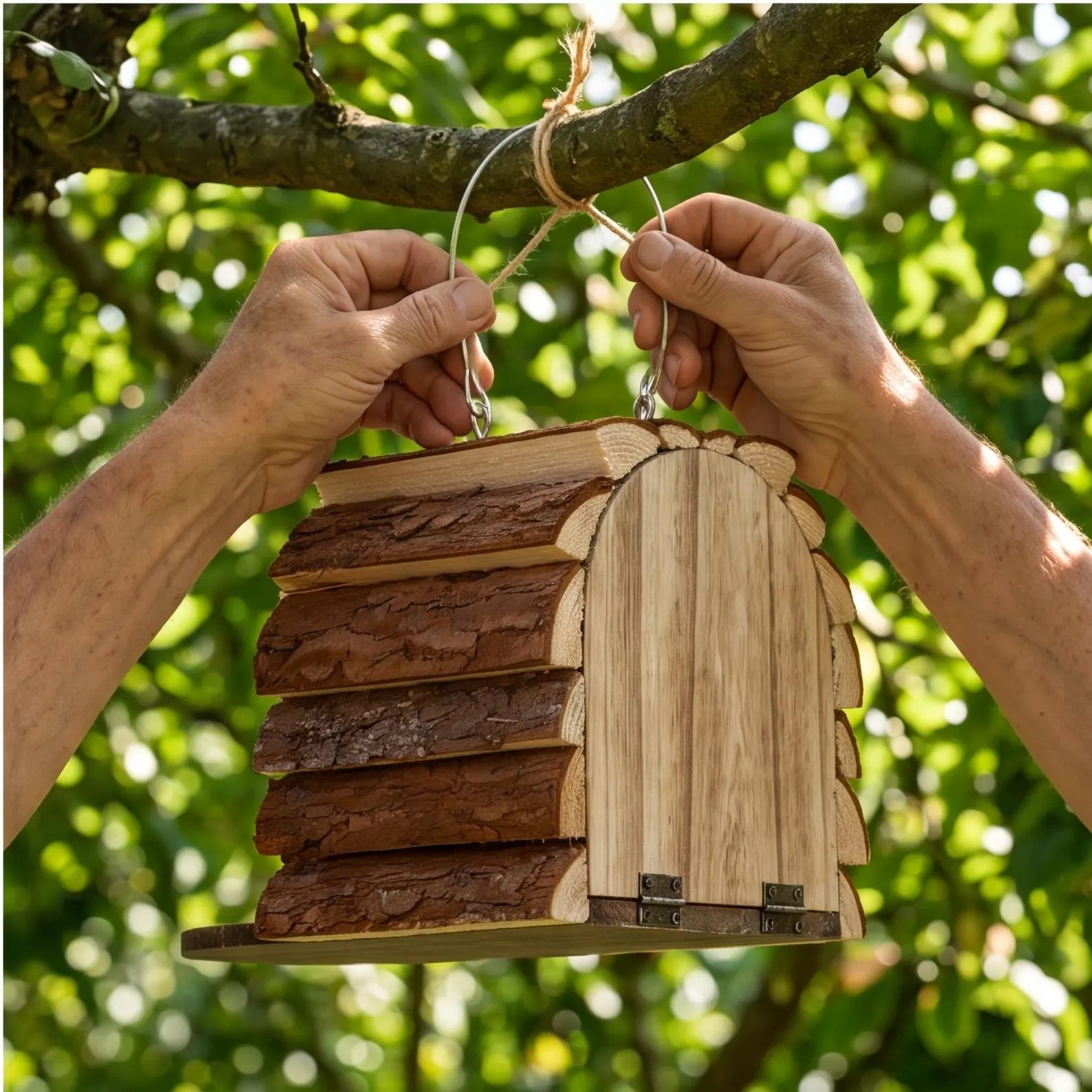 Nichoir en bois massif avec écorce naturelle, mangeoire de jardin à double usage, nichoir rustique pour cabane de jardin – Image 3
