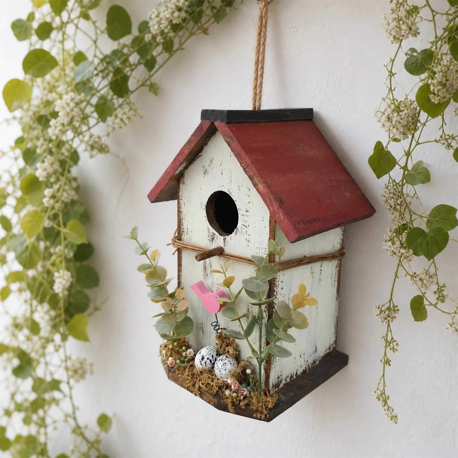 Nid d'oiseau en bois vieilli, décoration murale de jardin en plein air pour nid d'oiseau à suspendre. – Image 3