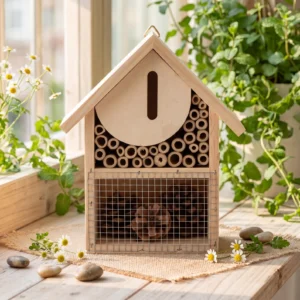 Hôtel à insectes en bois de pin, maison d'abeilles suspendue dans le jardin.