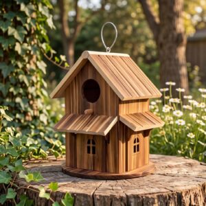 Nichoir de villa en bois massif carbonisé, Mangeoire à oiseaux extérieure rustique à suspendre, Ornement de jardin.
