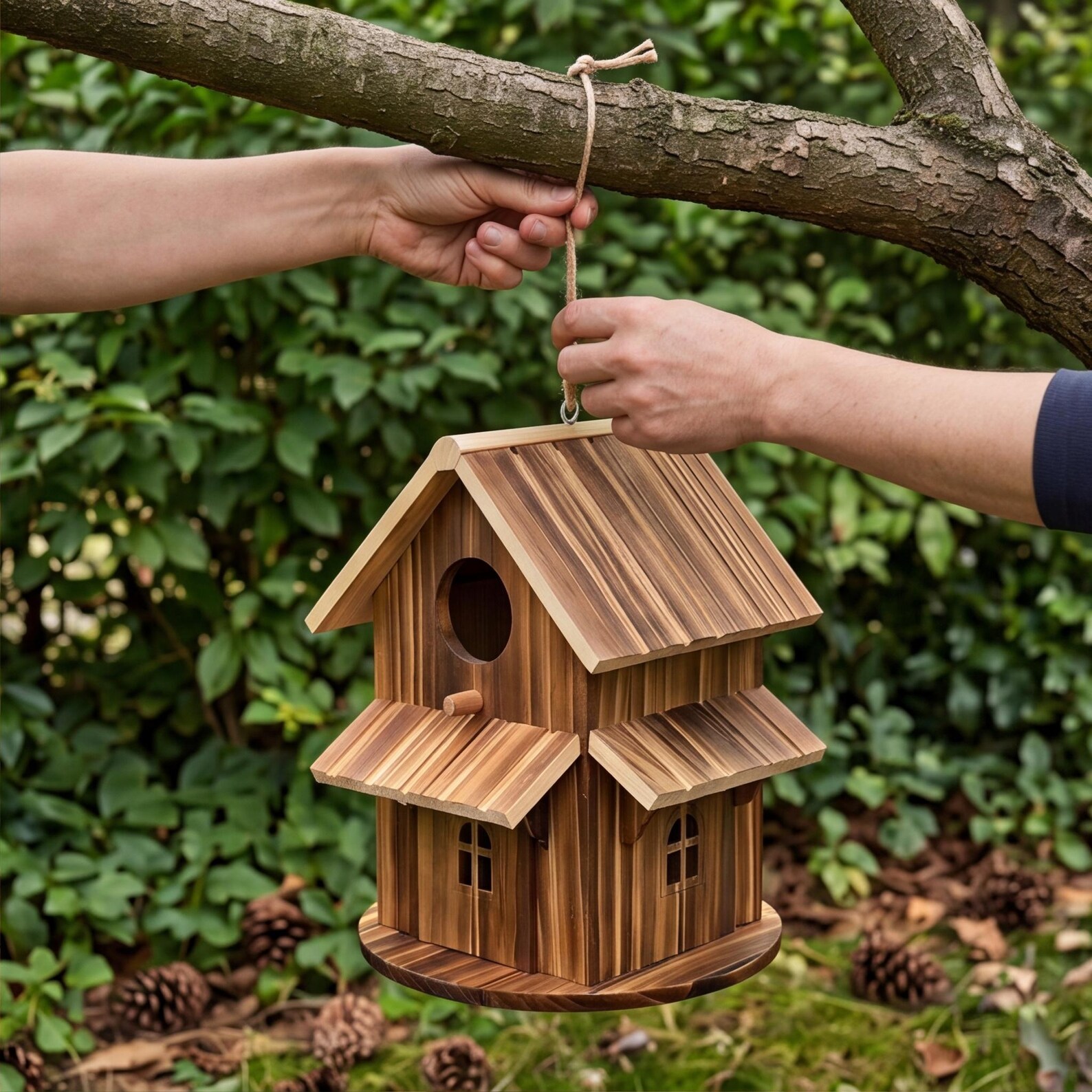 Nichoir de villa en bois massif carbonisé, Mangeoire à oiseaux extérieure rustique à suspendre, Ornement de jardin. – Image 2