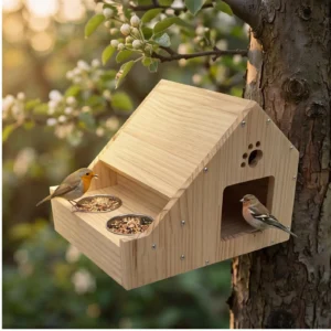 Villa suspendue en pin à monter soi-même, avec deux mangeoires et un habitat en bois.