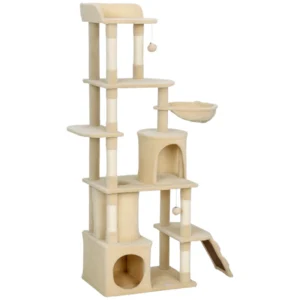 Grand arbre à chat de 67"avec 7 griffoirs, tunnel, 2 appartements, hamac, perchoir, rampe, pompons,