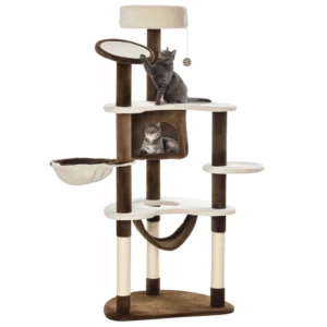 Arbre à chat en peluche de 60" à plusieurs niveaux, haute tour avec griffoirs et 2 hamacs.