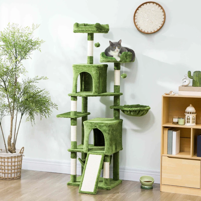 Tour pour chats à plusieurs niveaux de 70" avec 2 condos, 2 perchoirs, hamac, balles de jouet, griffoirs et planche. – Image 3