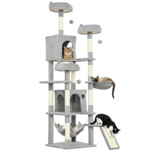Grand arbre à chat de 76"pour chats d’intérieur avec 8 griffoirs, 3 lits moelleux, 2 hamacs, 2 grands condos et rampe.