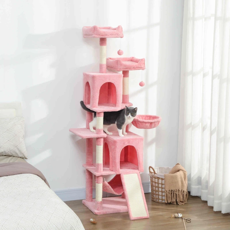 Tour pour chats à plusieurs niveaux de 70" avec 2 condos, 2 perchoirs, hamac, balles de jouet, griffoirs et planche. – Image 2