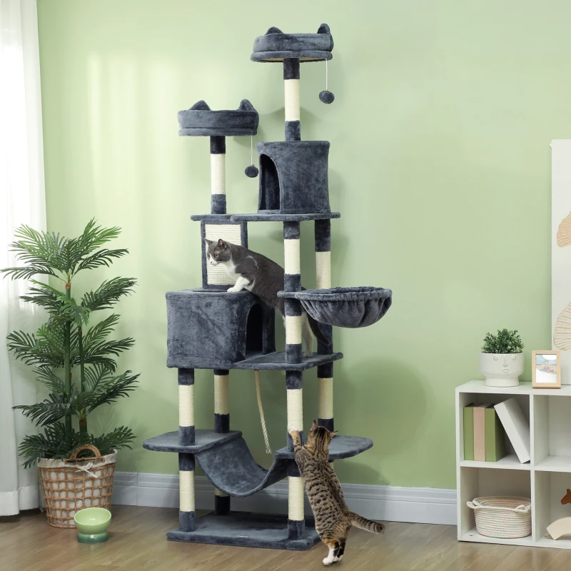 Grand arbre à chat de 81" avec griffoirs, condos, lits, hamacs, plateformes de saut, balles jouets, jouet en corde pour chats – Image 2