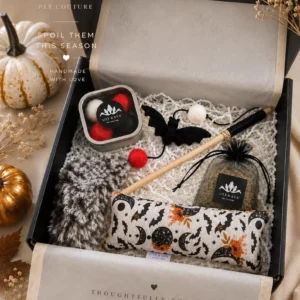 Coffret cadeau Halloween de luxe pour chat, faits main, Baguette magique chauve-souris noire et Jouet à l'herbe à chat. Coffret cadeau pour animaux.