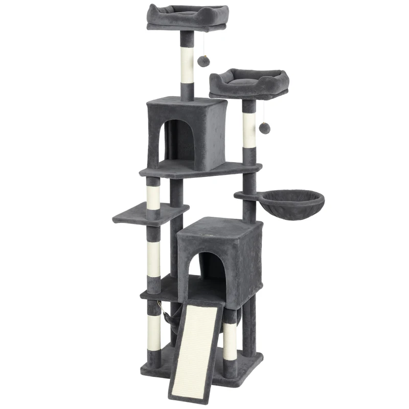 Tour pour chats à plusieurs niveaux de 70" avec 2 condos, 2 perchoirs, hamac, balles de jouet, griffoirs et planche. – Image 4