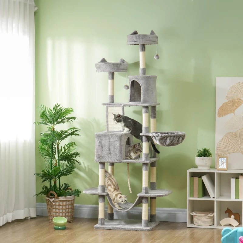 Grand arbre à chat de 81" avec griffoirs, condos, lits, hamacs, plateformes de saut, balles jouets, jouet en corde pour chats – Image 4