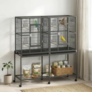 Cage à oiseaux de 56", cage à perroquet avec support roulant amovible, plateau amovible, tablette de rangement, perchoirs, contenant alimentaire.