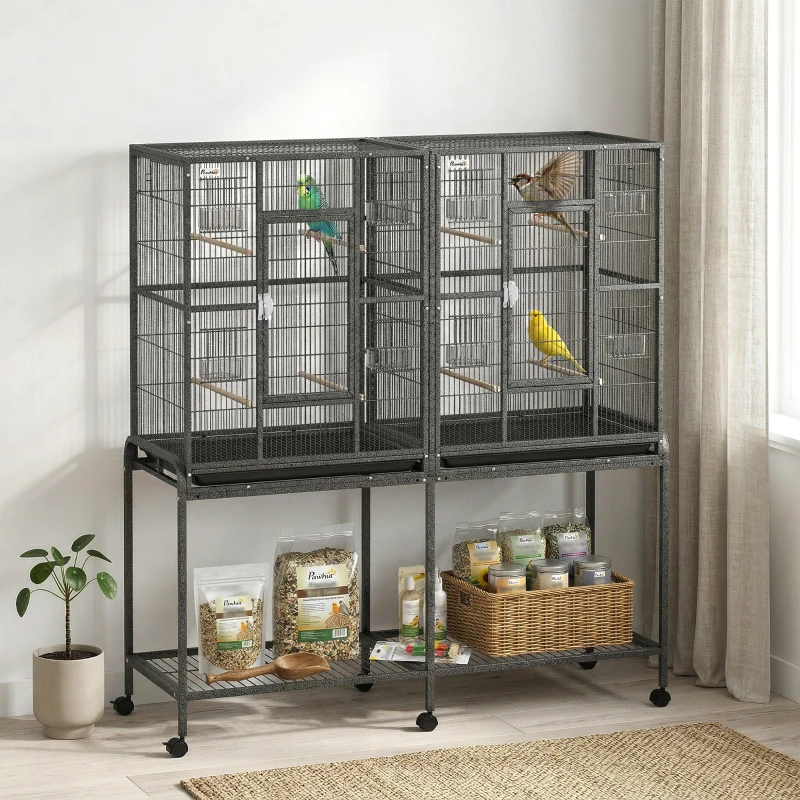Cage à oiseaux de 56", cage à perroquet avec support roulant amovible, plateau amovible, tablette de rangement, perchoirs, contenant alimentaire.