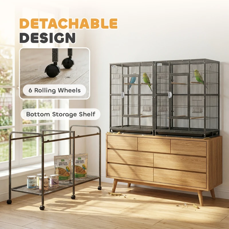 Cage à oiseaux de 56", cage à perroquet avec support roulant amovible, plateau amovible, tablette de rangement, perchoirs, contenant alimentaire. – Image 4