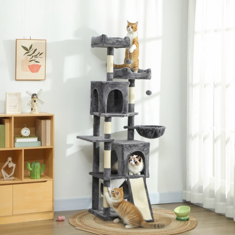 Tour pour chats à plusieurs niveaux de 70" avec 2 condos, 2 perchoirs, hamac, balles de jouet, griffoirs et planche. – Image 5