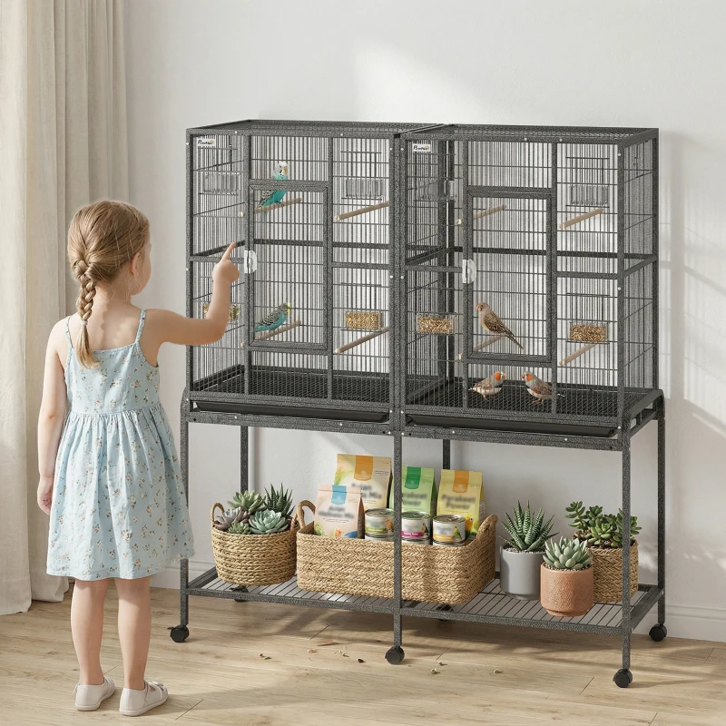 Cage à oiseaux de 56", cage à perroquet avec support roulant amovible, plateau amovible, tablette de rangement, perchoirs, contenant alimentaire. – Image 2