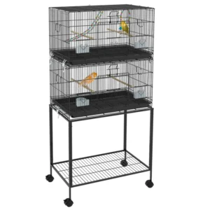 Cage à oiseaux 65" pour canaris, pignons pour tourtereaux, cage à perruches avec roues, noire