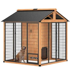 Enclos extérieur – espace de repos pour animaux avec armoire de rangement, bols en acier inoxydable.