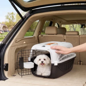 Transporteur d’animaux pour mini-chiens et chats avec porte en fil d’acier, bol d’eau, pour voiture, avion, et extérieur.