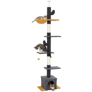 Arbre à chat du sol au plafond Tour avec hauteur réglable de 90,5 »-108 », griffoirs, hamac, condo et balle jouet