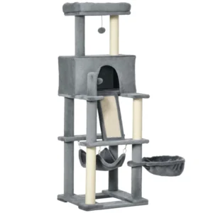 Arbre à chat de 55" centre d’activités pour chats avec lit rampe de condo, hamacs, jouets à balle suspendus, griffoir en corde de sisal.