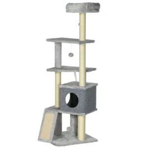 Arbre à chat de 57,5" avec griffoirs, grande tour pour chats d’intérieur avec lit, maison, et jouets.