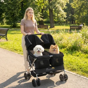 Poussette double pliante pour chiens 2 places, pare-soleil, tapis amovible, ceinture de sécurité et panier de rangement.