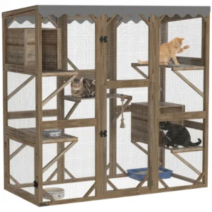 Catio en bois extérieur avec accès aux fenêtres, couvercle imperméable, condo relaxant et 5 plates formes