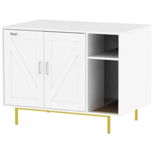 Meuble pour chat moderne – armoire blanche avec pattes dorées et espace de repos intégré.