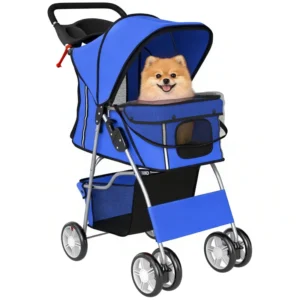 Poussette avec bandes réfléchissantes, pliante pour chats et petits chiens avec roues pivotantes à 360°.