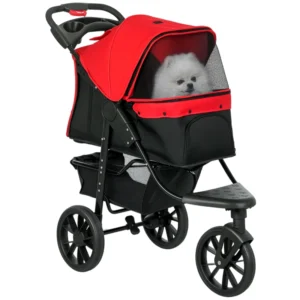 Poussette pliante 3 roues our chien, sac de transport avec capote réglable, frein de rangement et fenêtre en filet pour chiens.