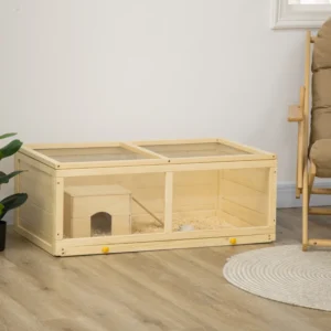 Enclos en bois pour hamster avec façade transparente, rampe et couvercle grillagé