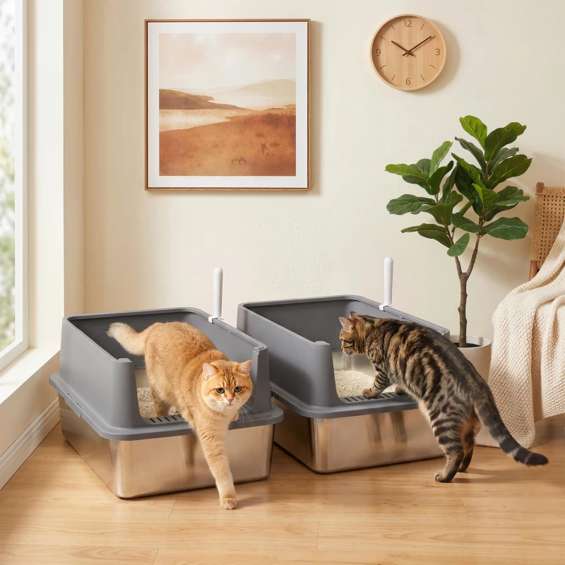 Boîte à litière XL en acier inoxydable paquet de 2 avec cuillères, à haut niveau, pour les grands chats. – Image 2