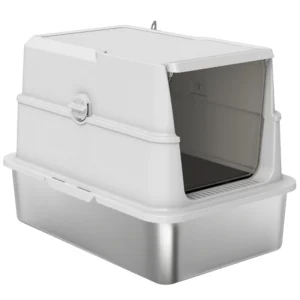 Boîte à litière XL en acier inoxydable pour gros chats avec couvercle rabattable.
