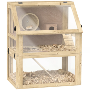 Cage à hamster en bois à 3 niveaux avec fond profond, cabane, bascule, roue d’exercice, et rampes.