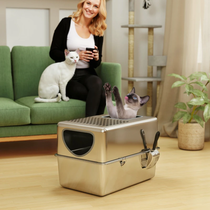 Bac à litière en acier inoxydable extra large avec trous supérieurs pour récupérer la litière, cuillère argentée. – Image 3