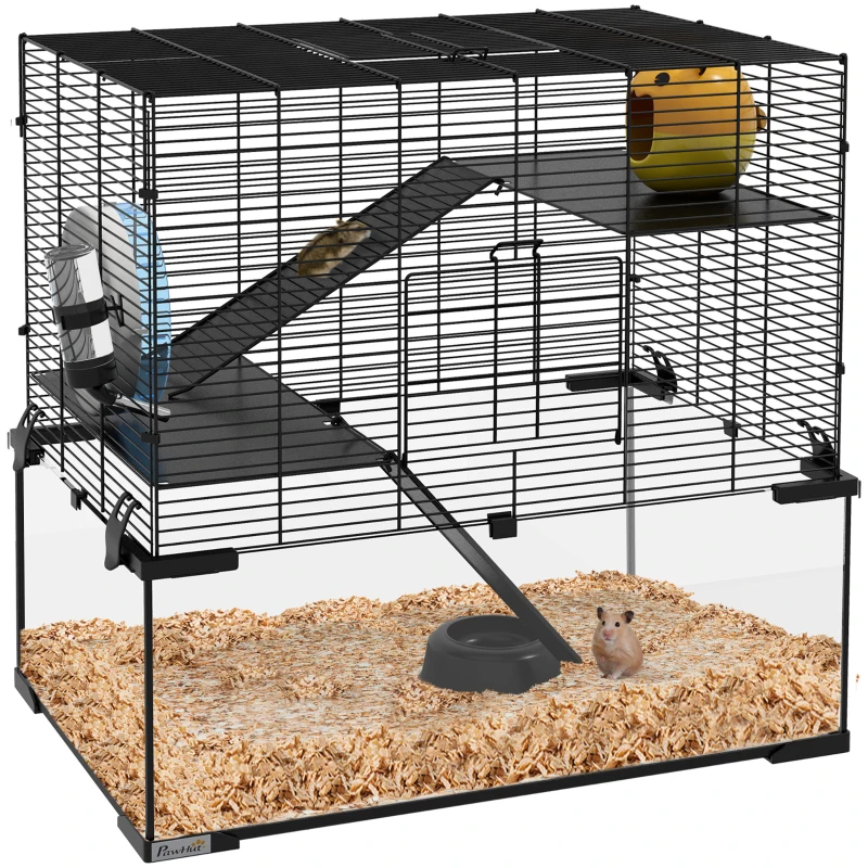 Cage à hamsters et gerbilles avec bassin en verre pour petits rongeurs