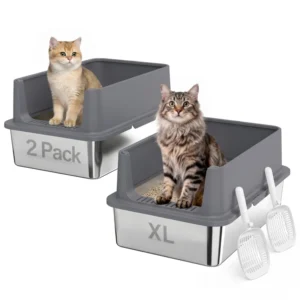 Boîte à litière XL en acier inoxydable paquet de 2 avec cuillères, à haut niveau, pour les grands chats.