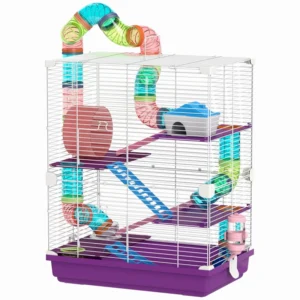 Cage à hamster à 5 étages portable avec roues d’exercice Tube de jeu Bouteilles d’eau Échelle pour gerbilles.