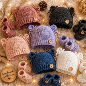 Ensemble bonnet chaton et chaussons assortis pour bébé, grandeur 3-6 mois